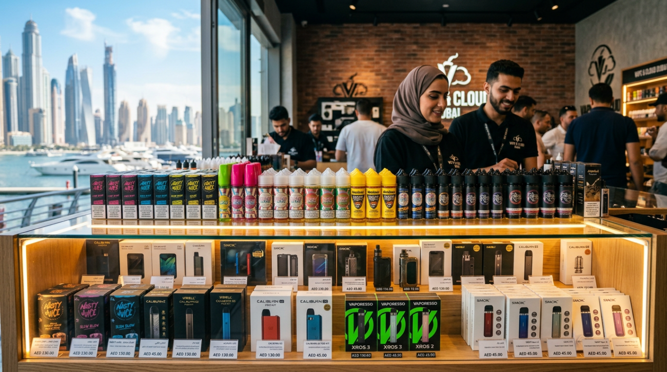 Vape juices and vaping devices displayed on a glass counter in a shop with staff and city skyline outside.