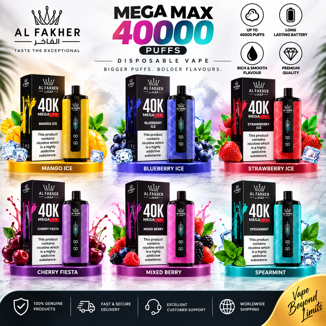 AL FAKHER Mega Max Flavor Showcase Al Fakher Crown Bar 40K Puffs rechargeable vape Dubai